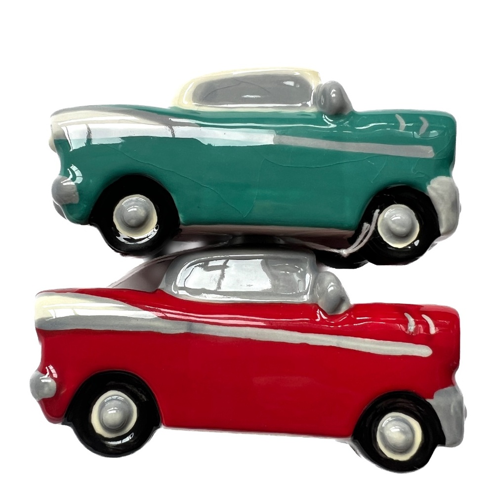 Hot Rod Cars Salt & Pepper Shakers Retro Reflections 4" Long Red & Blue NWOT